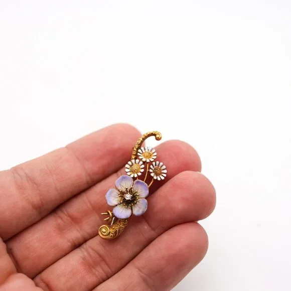 ART NOUVEAU 1900 Edwardian Enameled Flowers Brooch In 18Kt Diamond - Picture 7 of 8